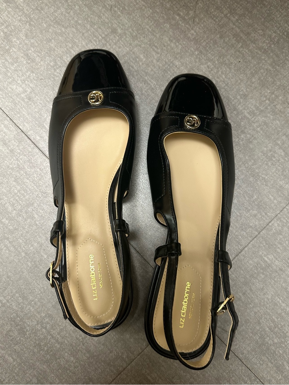 Liz Claiborne Black Patent Slingback Flats with Gold Accent